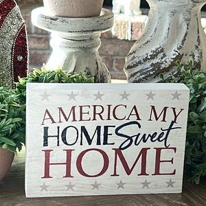 NEW! Modern Farmhouse America My Home Sweet Home Patriotic Star Wood Sign